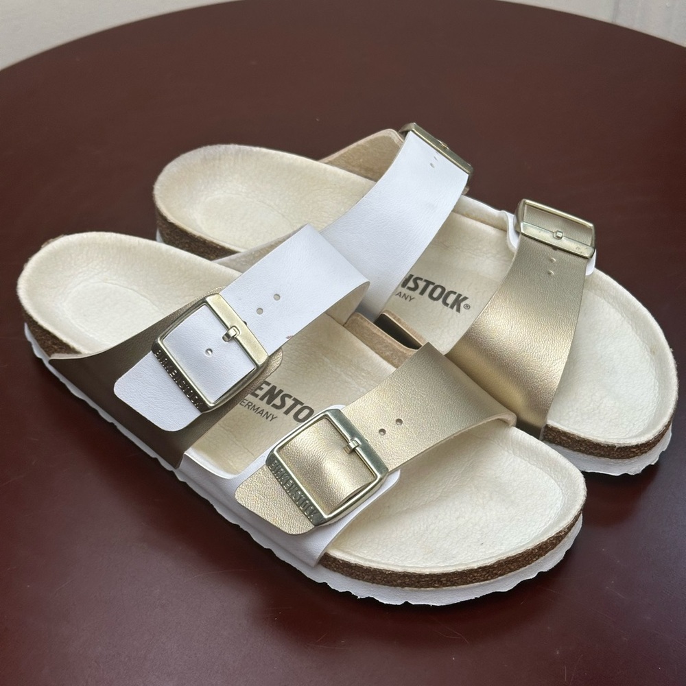 Birkenstock Arizona Gold and White Sandals